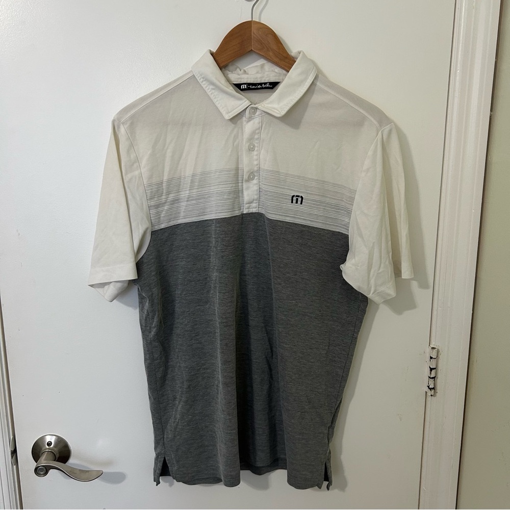 Travis Mathew White and Gray Coastal Chest Stripe Golf Polo Shirt